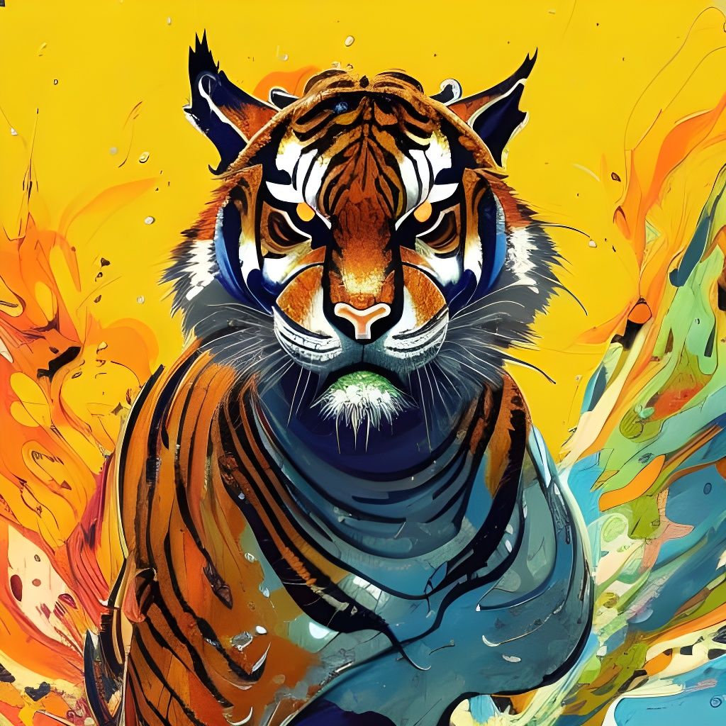 Explosive Tiger Portrait in Borderlands Marbling Style