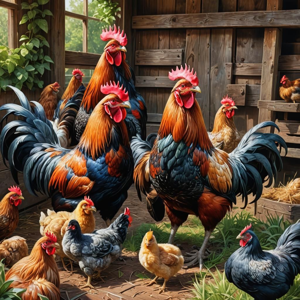 Proud Rooster and Hen in Rustic Barnyard