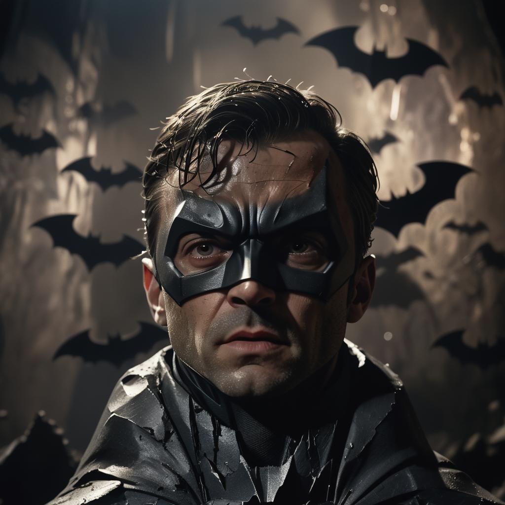 Batman in Dark Cave: Film Noir Cinematic Still