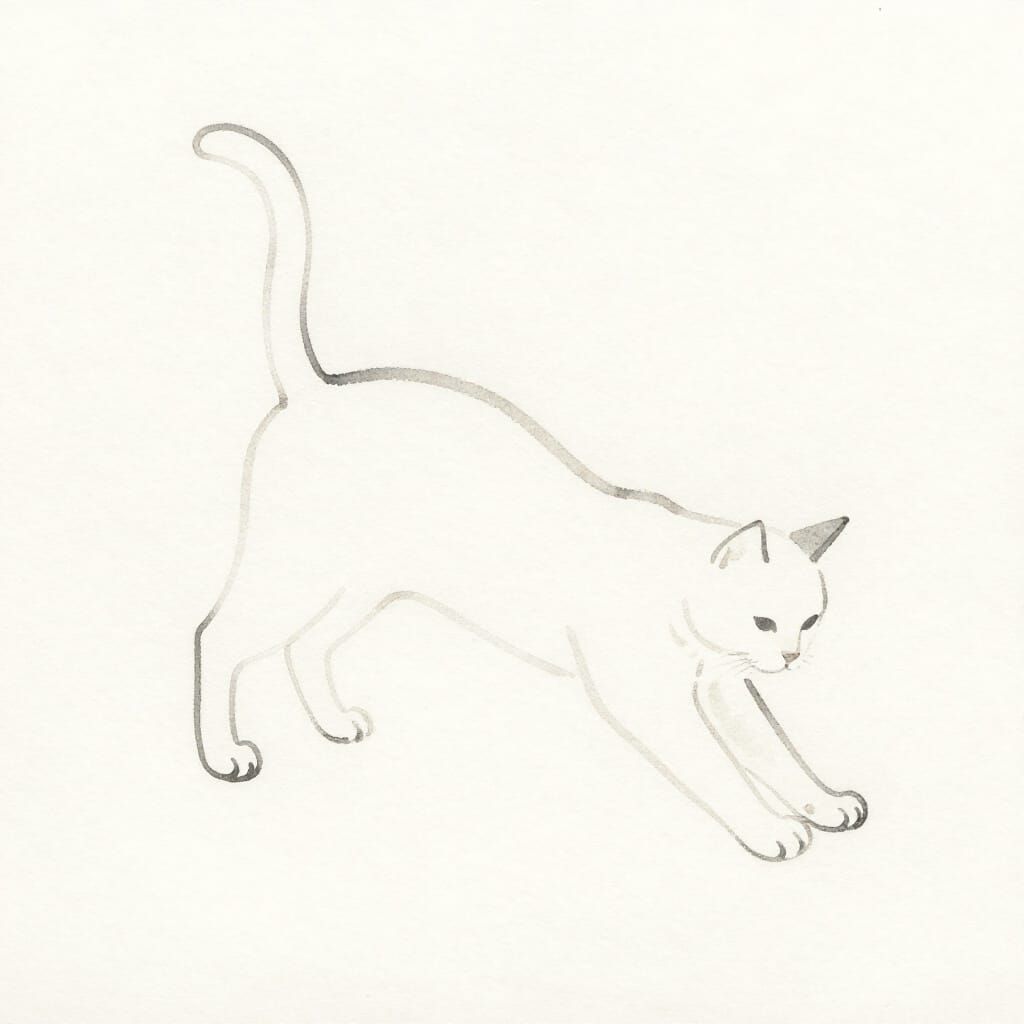 Elegant Cat Unfurls in Single Line Watercolor