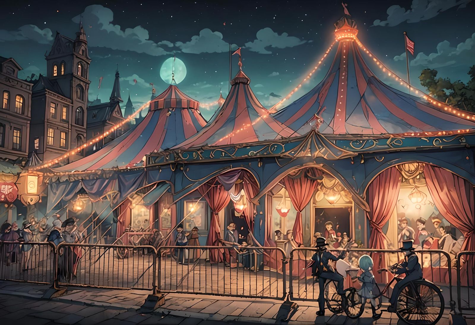Magic Circus in Urban Landscape: Cel-Shaded Anime Art