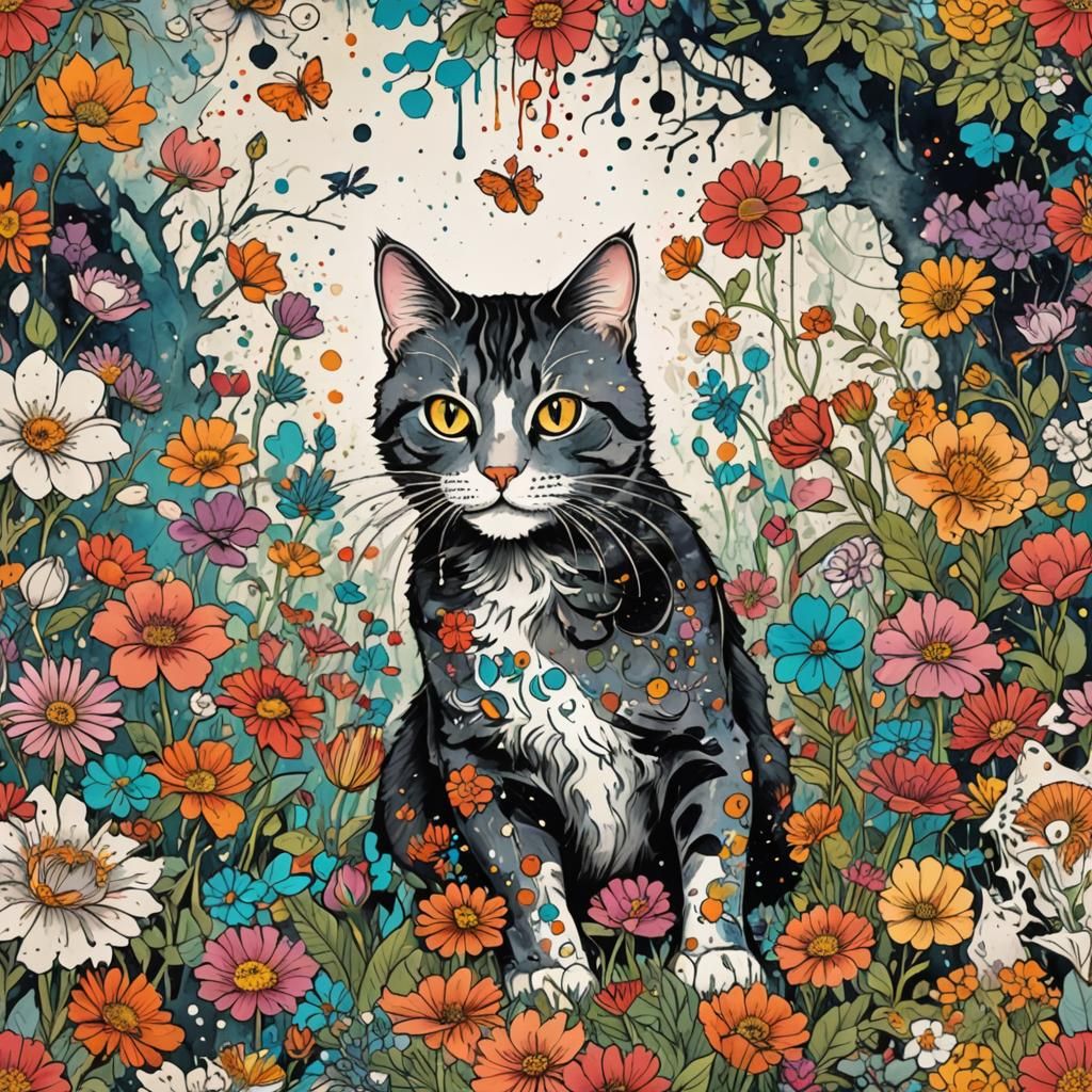 Fantasy Cat and Toddler Illustration with Garden Blooms