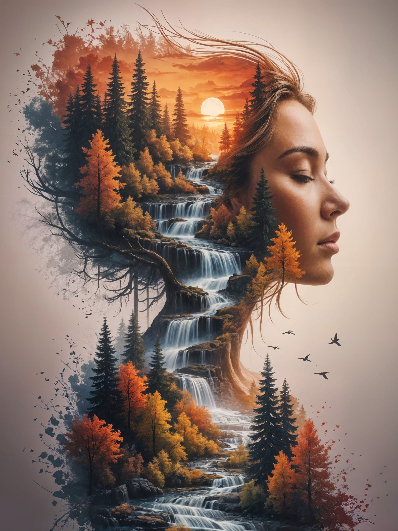 Woman Merging With Autumn Forest Digital Painting