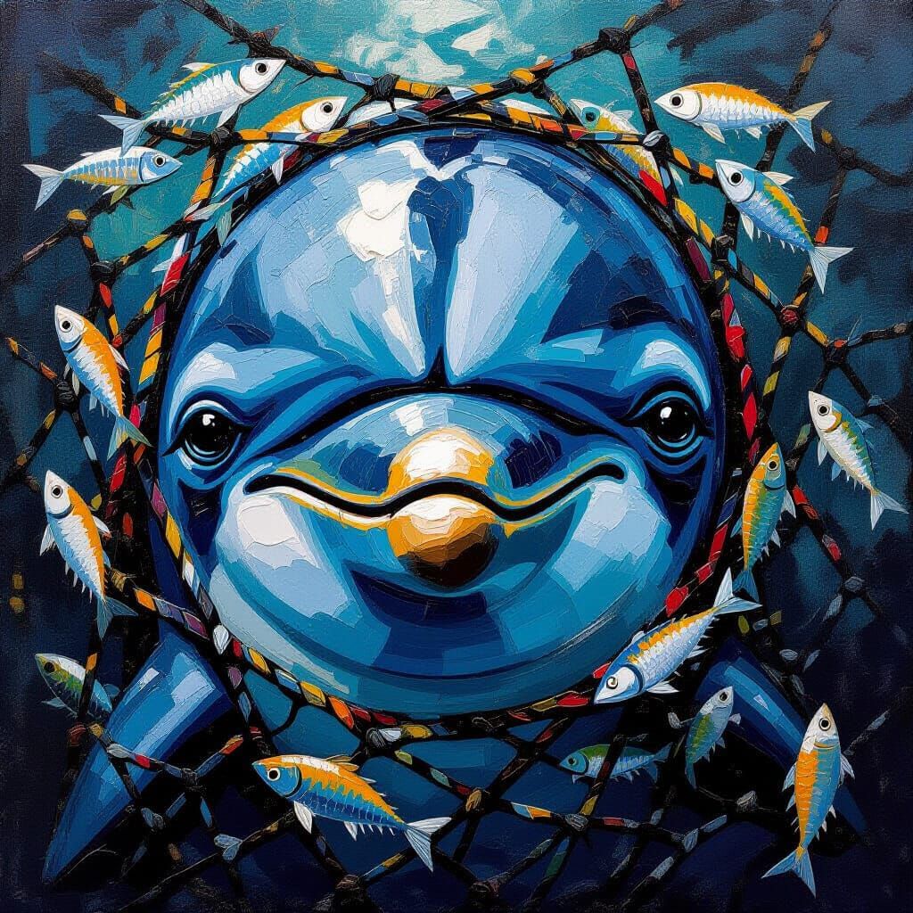 Sad Dolphin Trapped in Fishing Net Impasto Painting