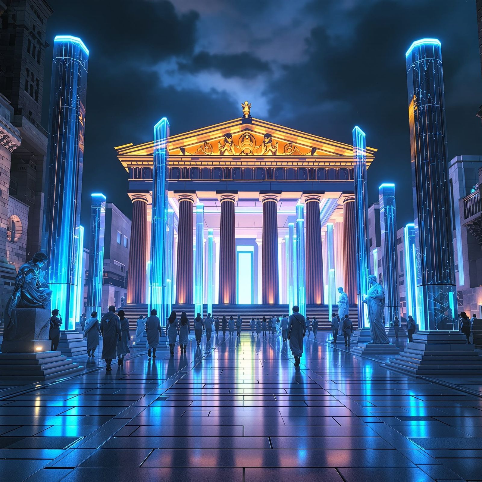 Futuristic Parthenon: Ancient Greece in Cyberpunk Style