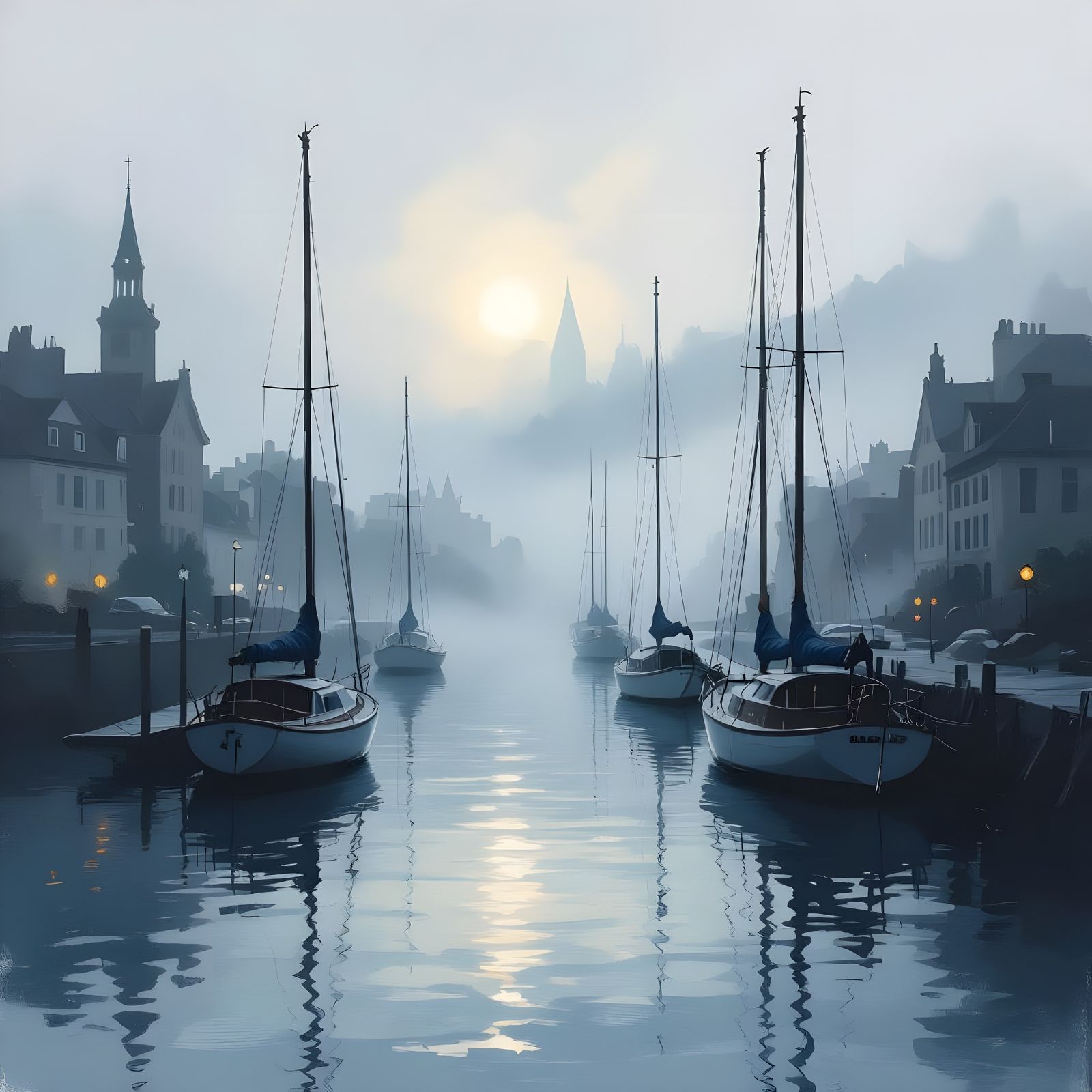 Foggy Harbor City in Sfumato Style