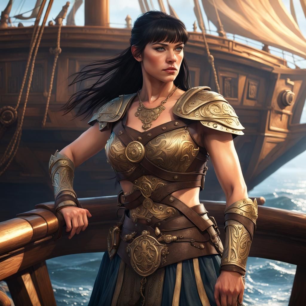 Xena Warrior Princess on a Ship in Hyperdetailed Style