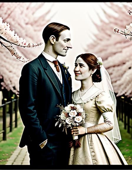 Edwardian Wedding Portrait with Cherry Blossoms in Sepia