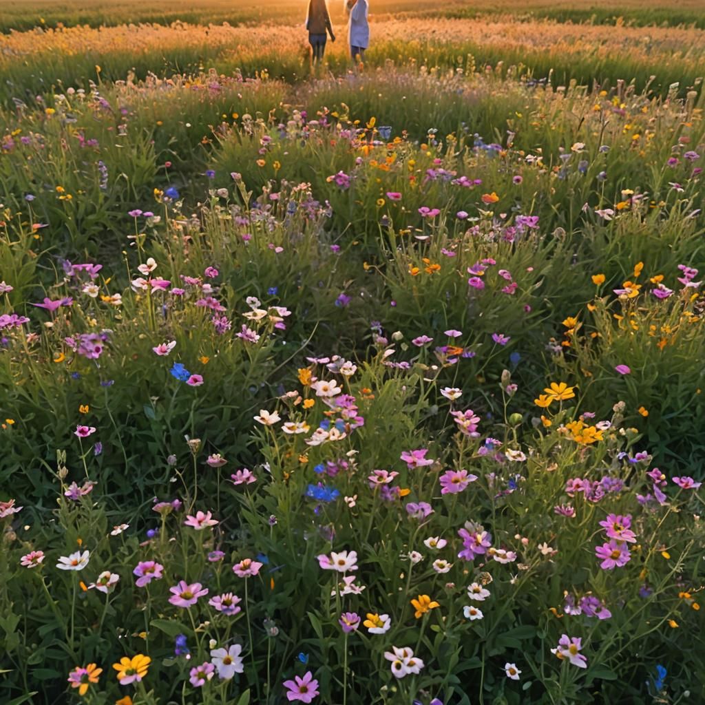 Sunset Over Inverted Color Wildflower Field