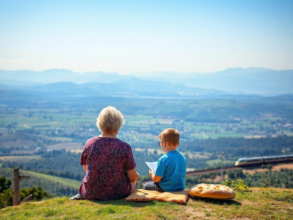 Tuscan Vista: Grandmother, Child, and Distant Train