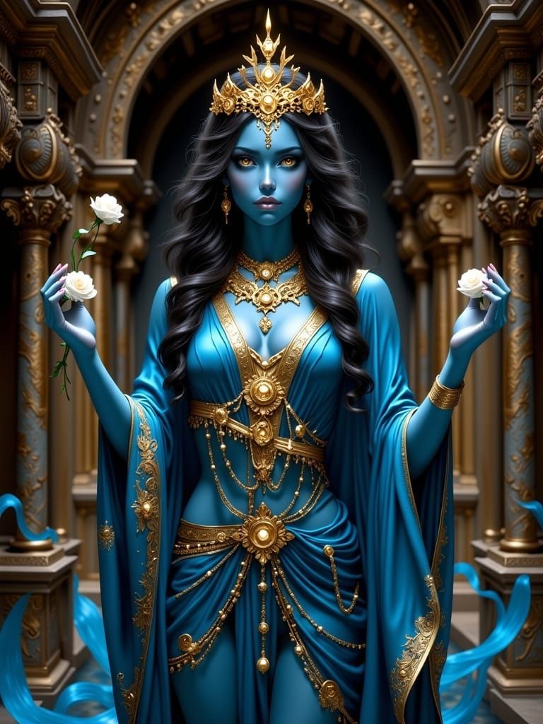 Blue-Skinned Goddess in Stone Archway