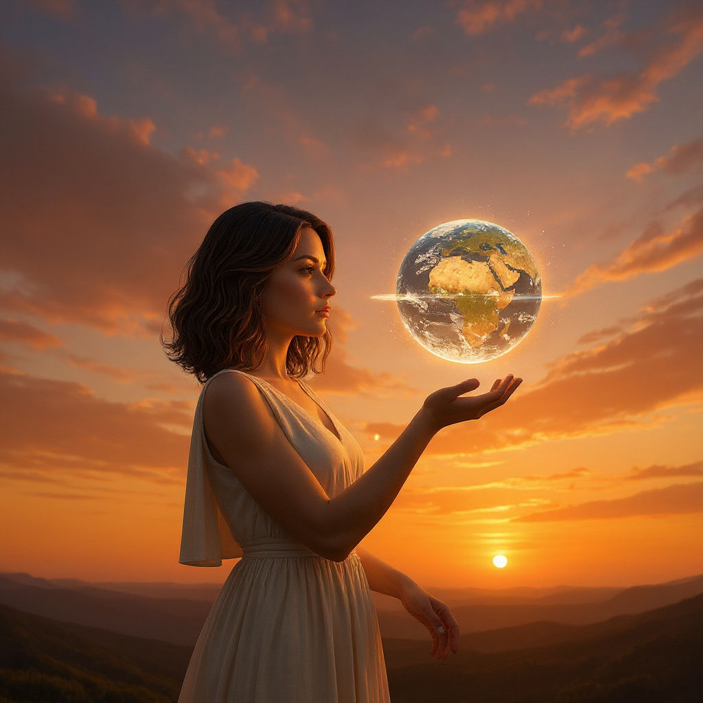 Ethereal Woman Gazing at Mystical Globe in Twilight Sky