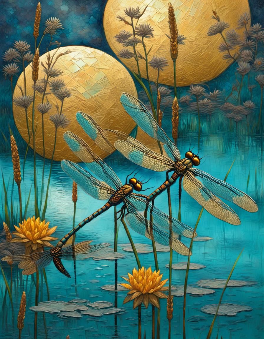 Dragonflies Above Pond in Impasto Art Brut Style