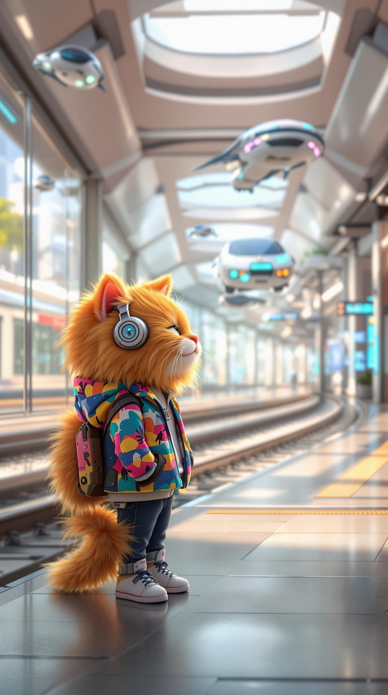 Pixar-Style Kitten Character at Futuristic Train Station