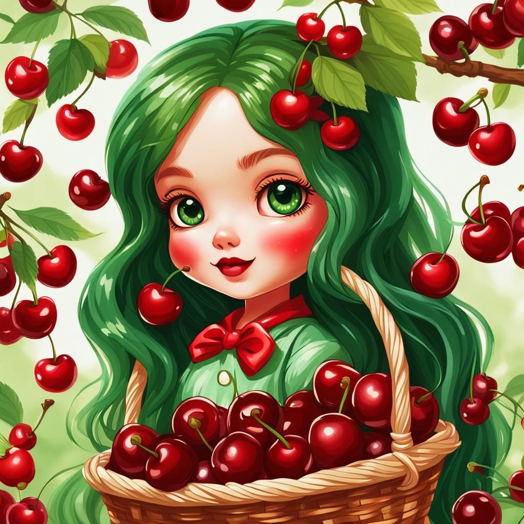 Cartoon Cherry Girl with Cherries Close-Up