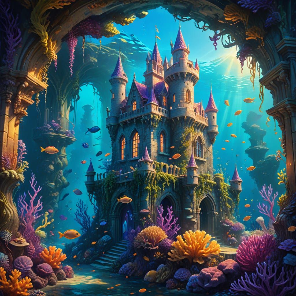 Majestic Underwater Castle with Glowing Coral Reefs