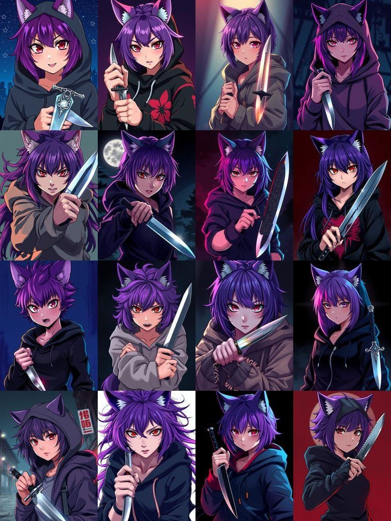 Wolf Girl with Vibrant Purple Hair, Red Eyes, and Edgy Attit...