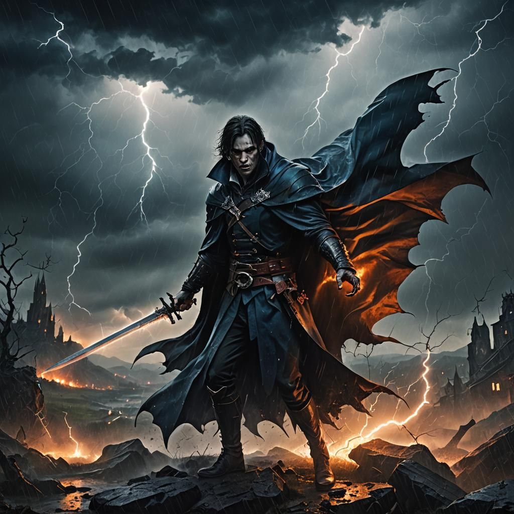 Vampire in Stormy Landscape: Dark Fantasy Digital Art