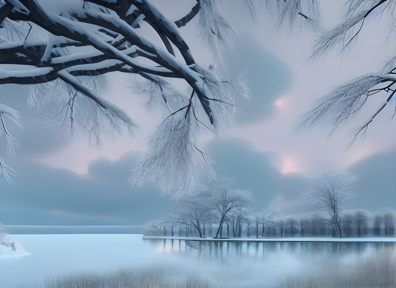 Winter Lake with Boat Docks in Digital Painting