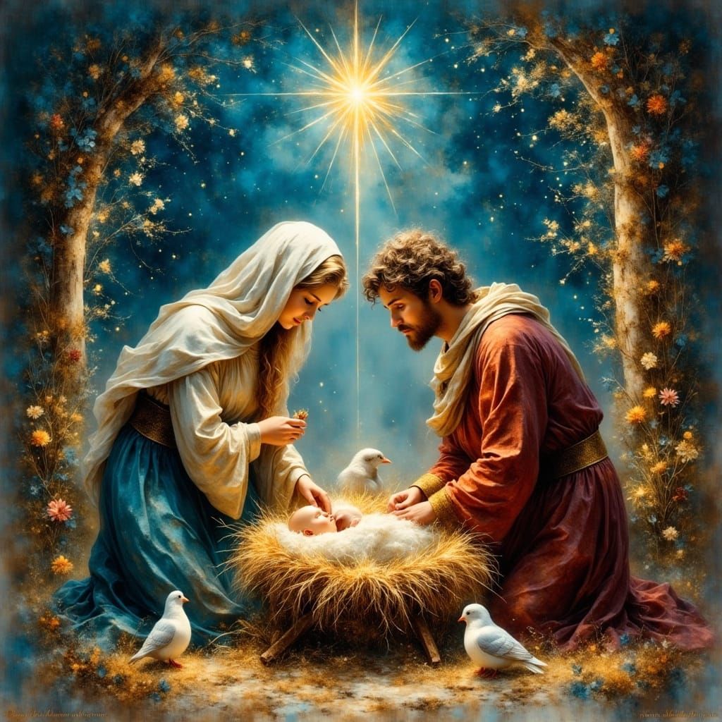 Holy Family Illuminated by Celestial Light in Watercolor Sty...