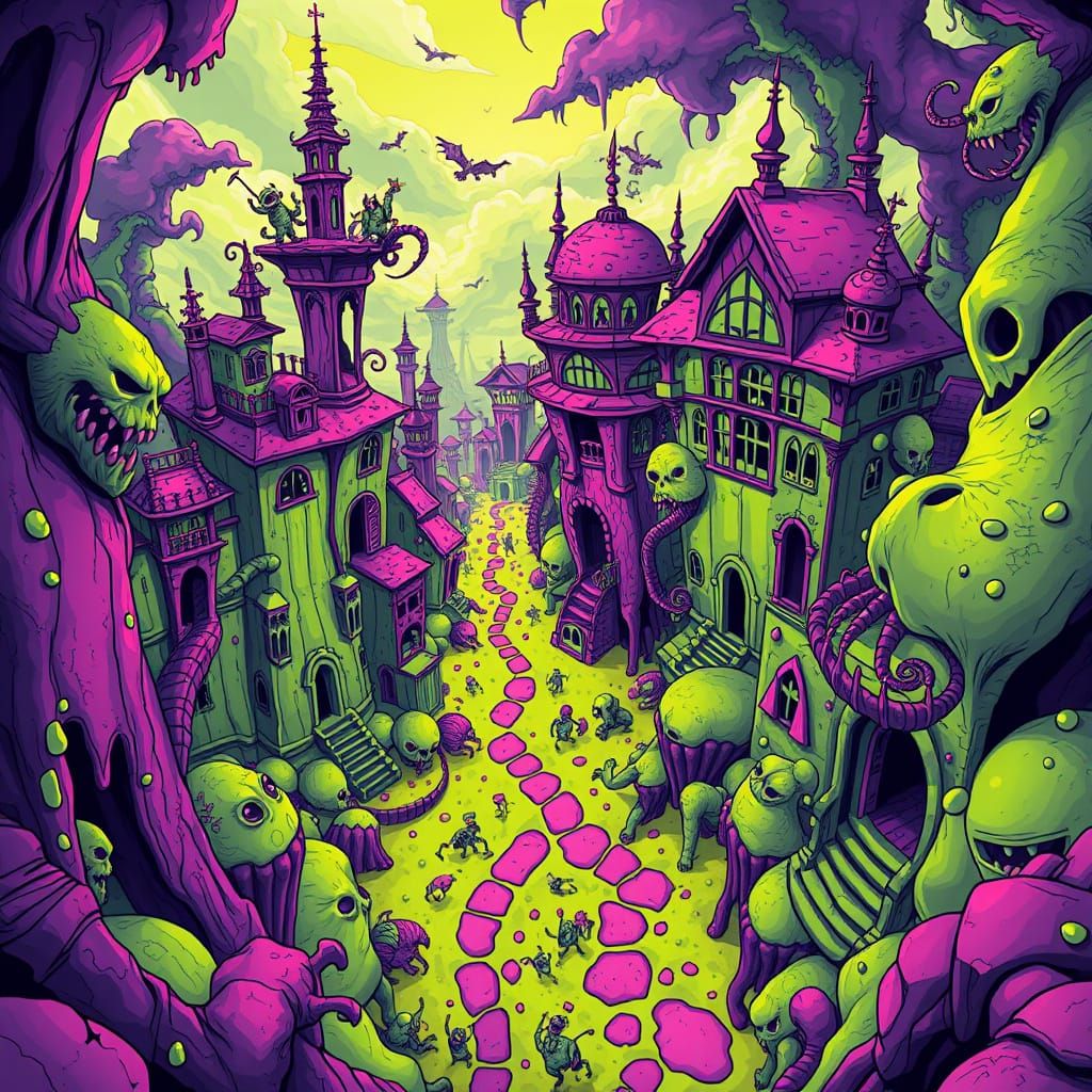 Grotesque Landscape in Cartoonish Style