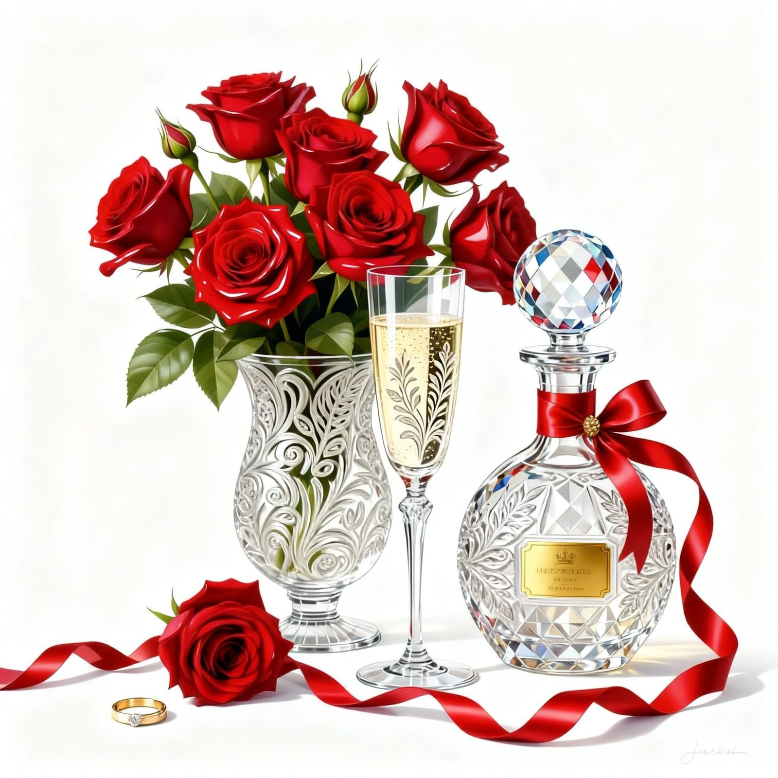 Romantic Red Roses and Champagne Arrangement in Digital Art
