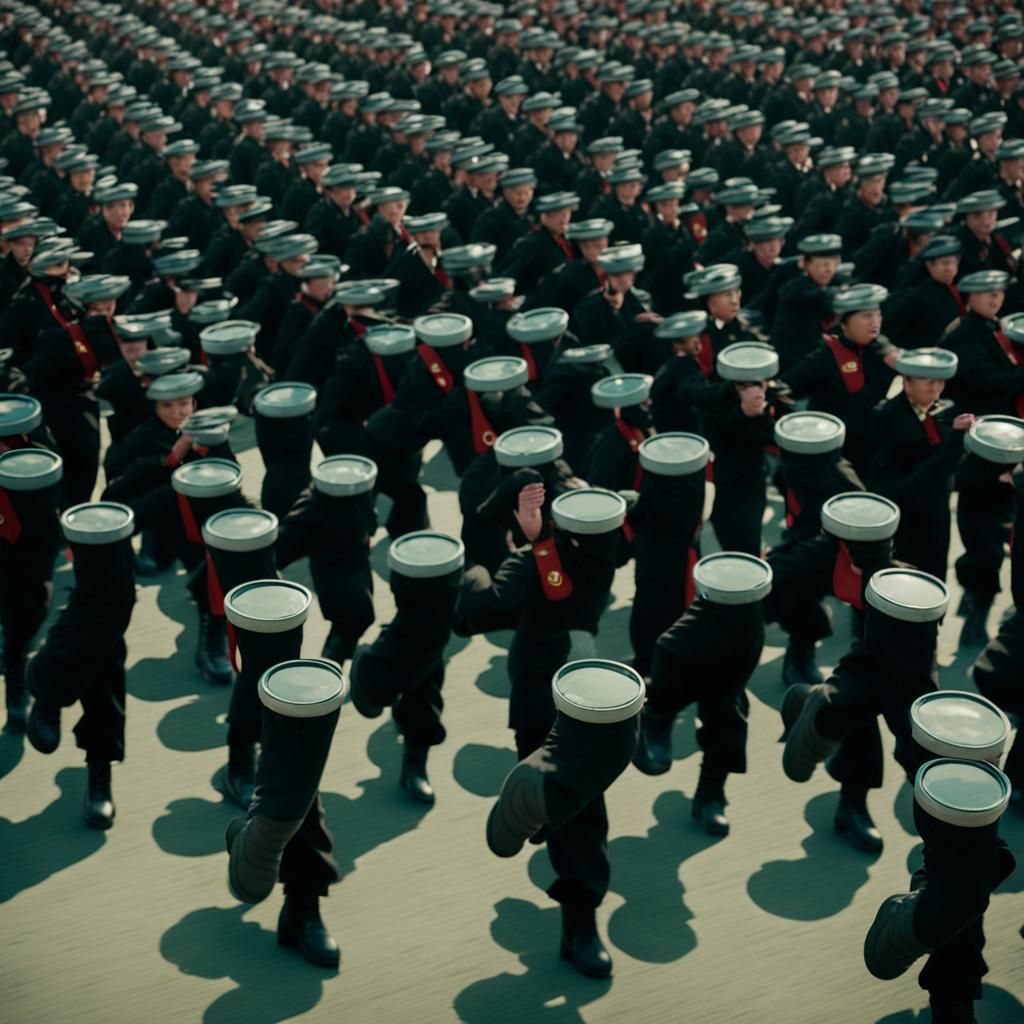 North Korean Soldiers Goosestepping in Cinematic Parade