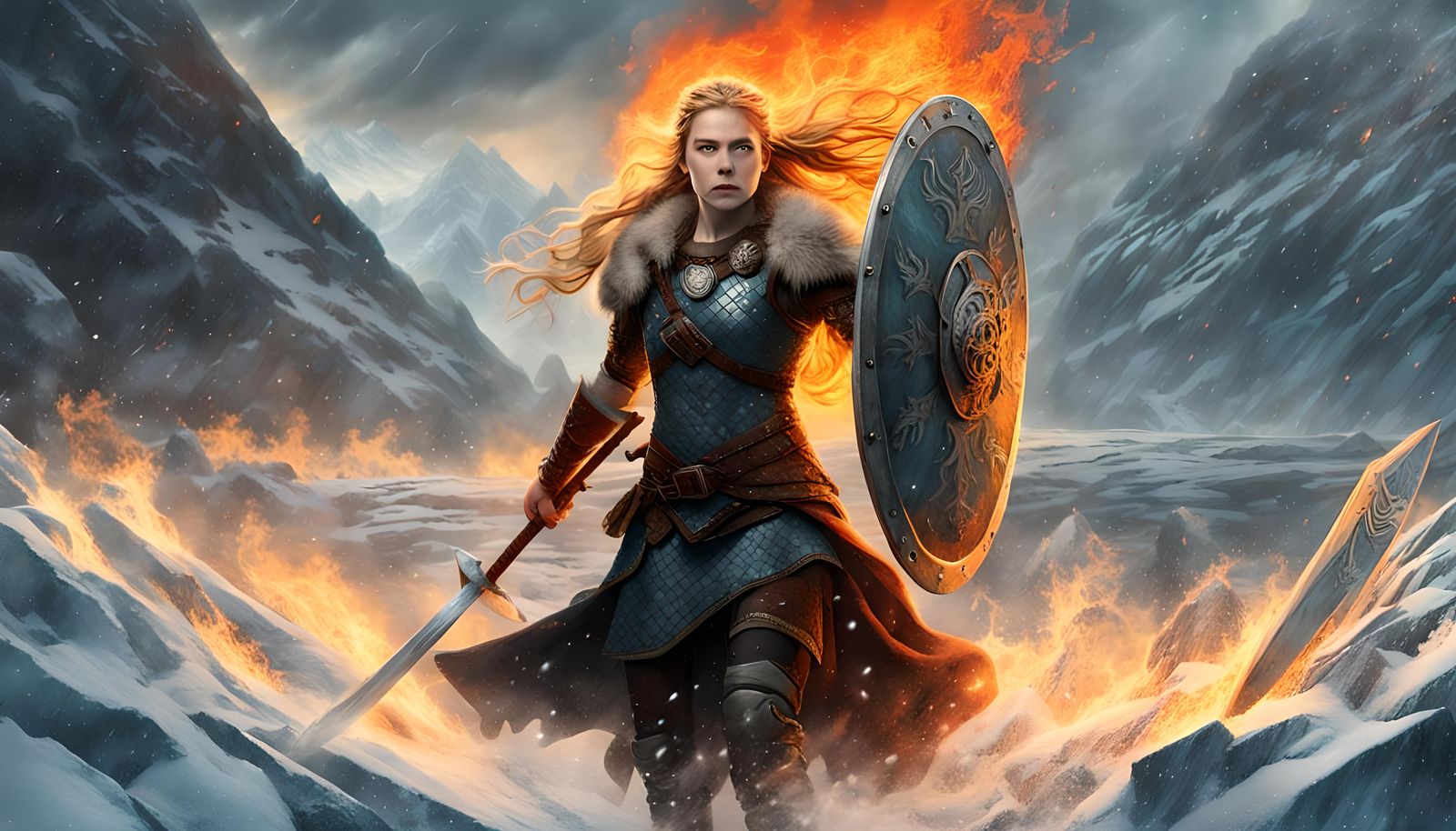 Viking Shieldmaiden Between Ice and Fire