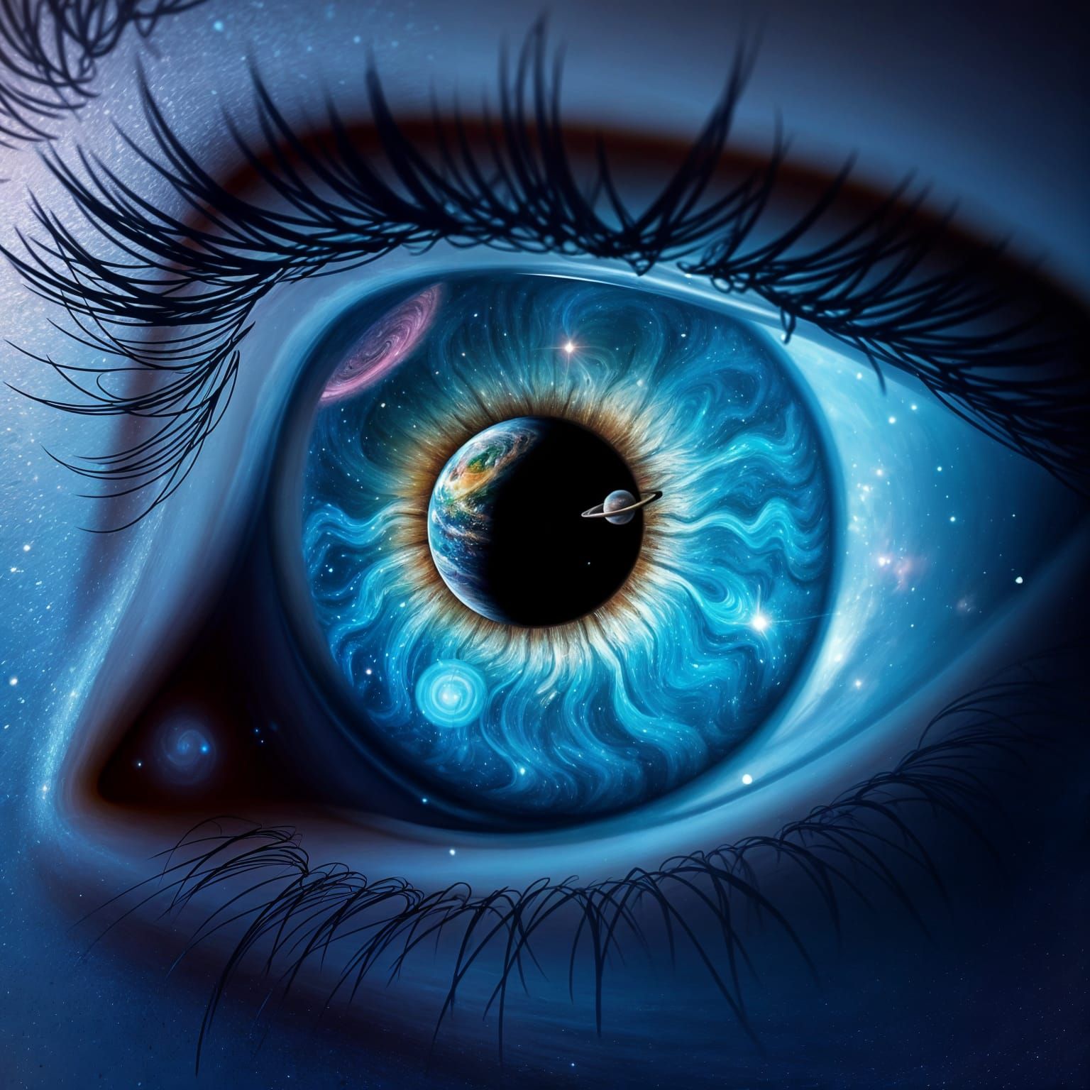 Hyperrealistic Eye with Galaxy Iris and Cosmic Nebulae