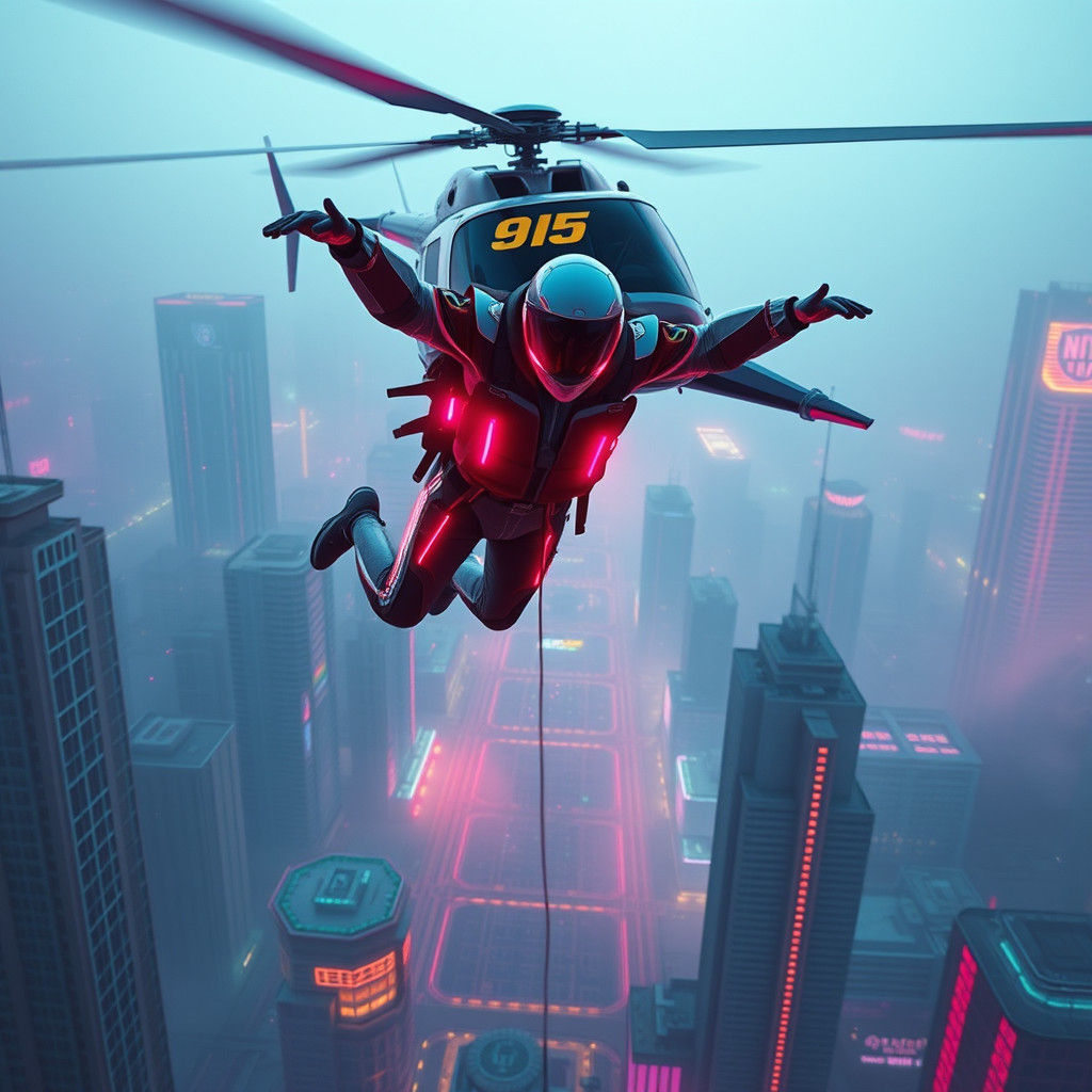 Cyberpunk Skydiver Leaps into Neon Cityscape