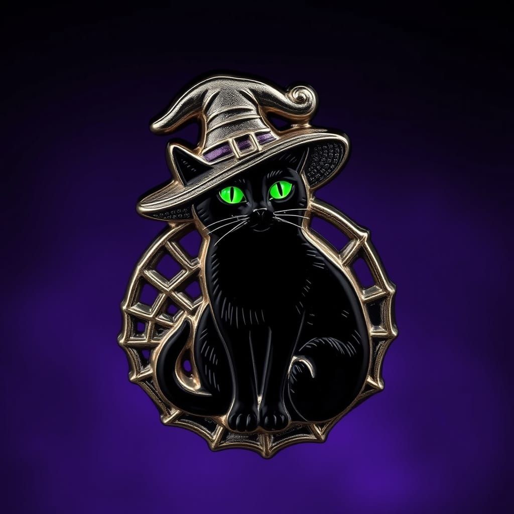 Vintage Halloween Pin with Black Cat and Witch Hat