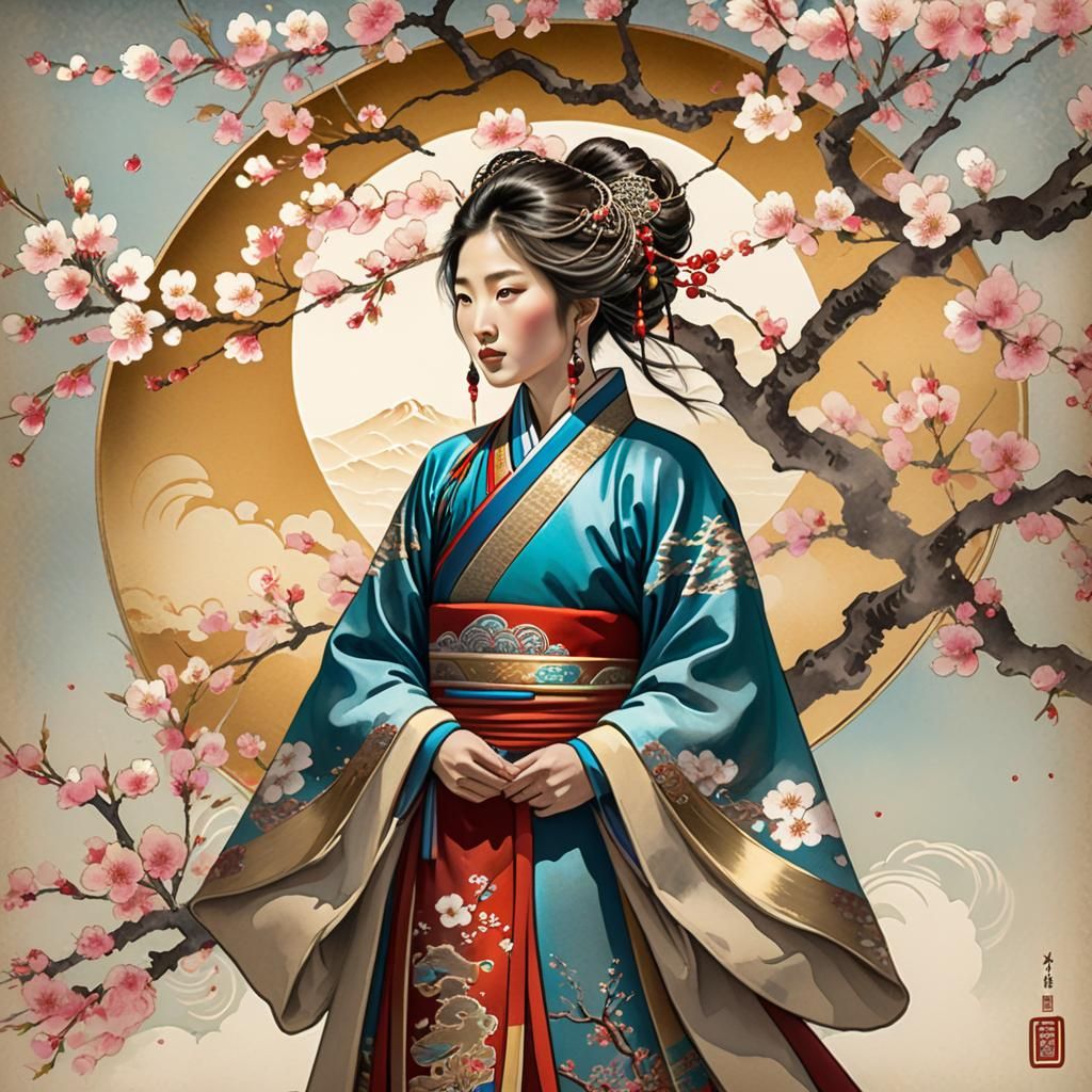 Mongolian Woman and Cherry Tree in Watercolor Ink