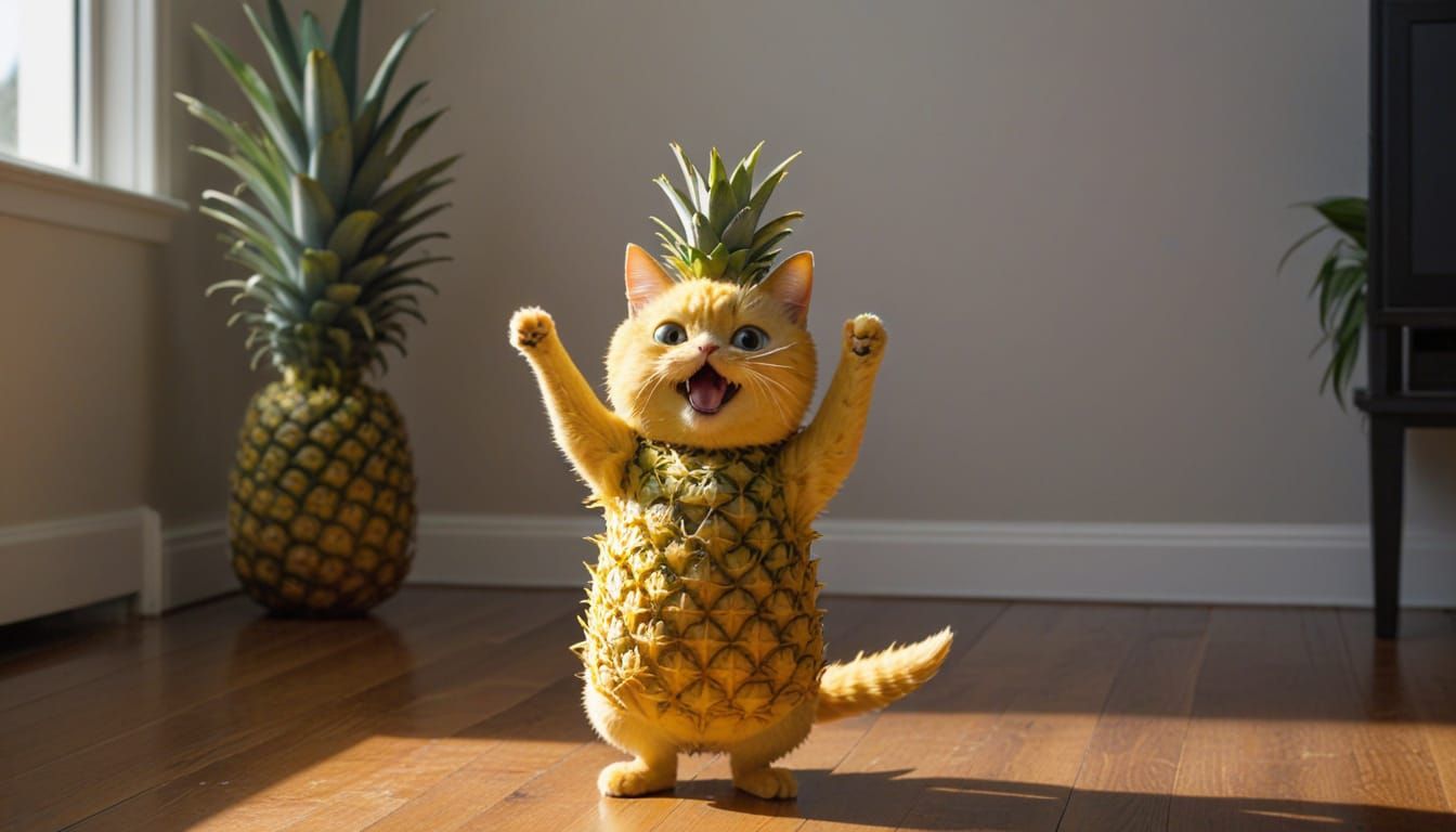 Feline Pineapple Dancer in Vibrant Tropical Setting