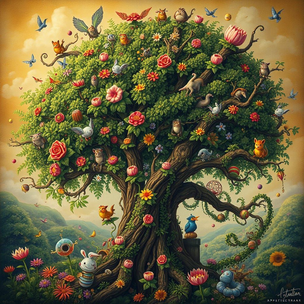 Whimsical Tree Teeming with Vibrant Life and Color