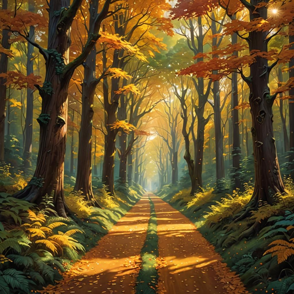 Mystical Amber Road Through Enchanted Forest: Digital Art