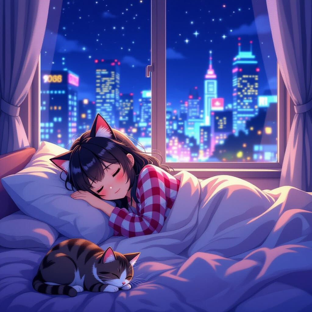 Girl with Cat Ears Sleeps in Futuristic Cityscape
