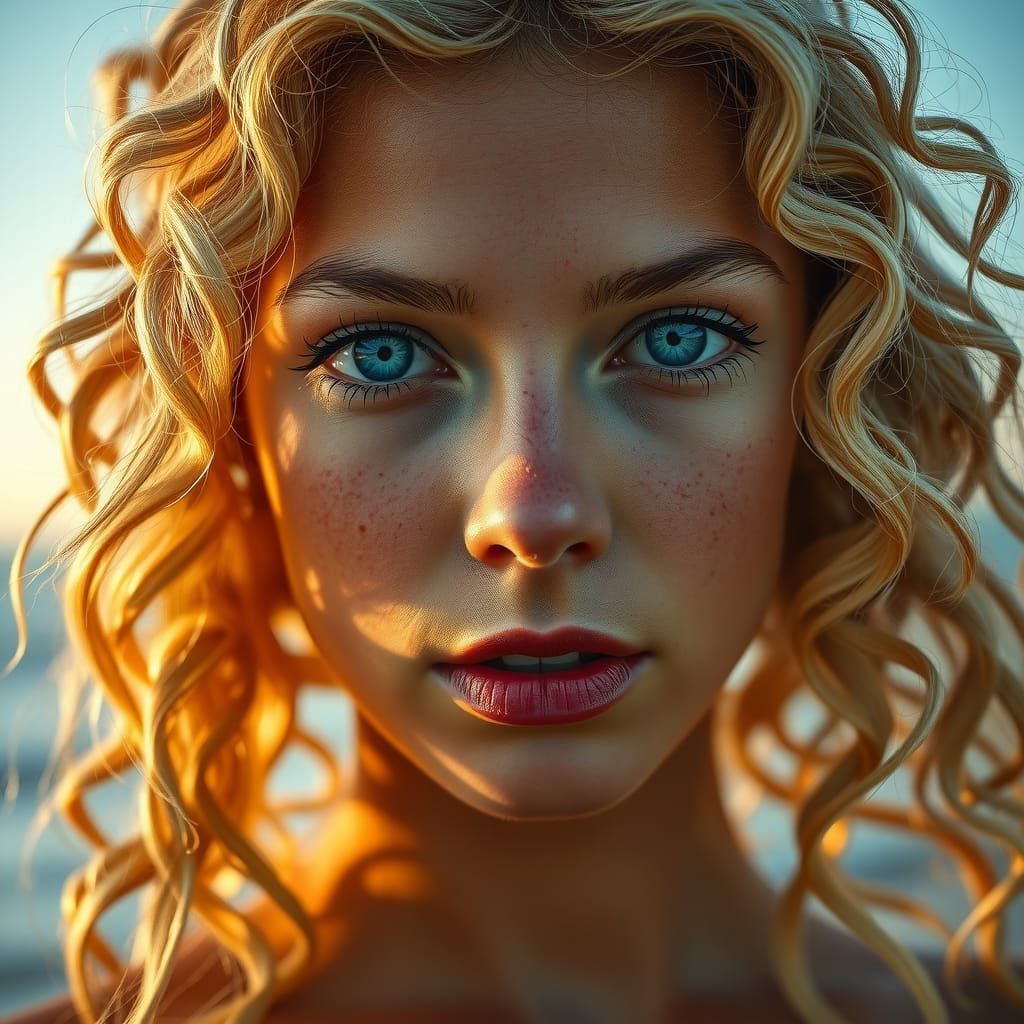 Hyper-Realistic Portrait of a Serene Curly Blonde Goddess