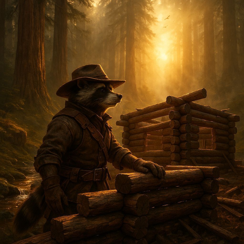 Golden Hour in Redwood Forest: Raccoon Ranger Builds Blockho...