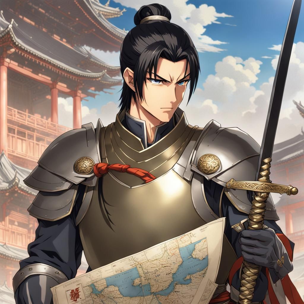 Japanese Warrior Examines Map in Anime Style