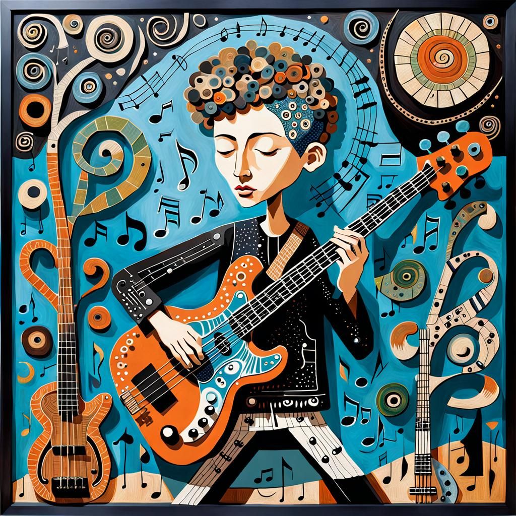 Boy Playing Bass Guitar in Outsider Art Style