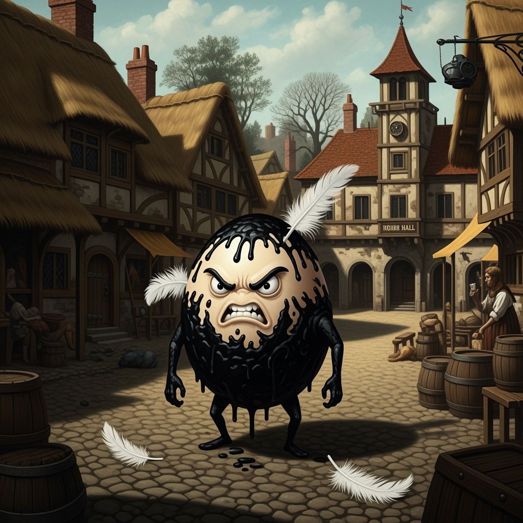 Angry Tarred Egg in Medieval Village Square