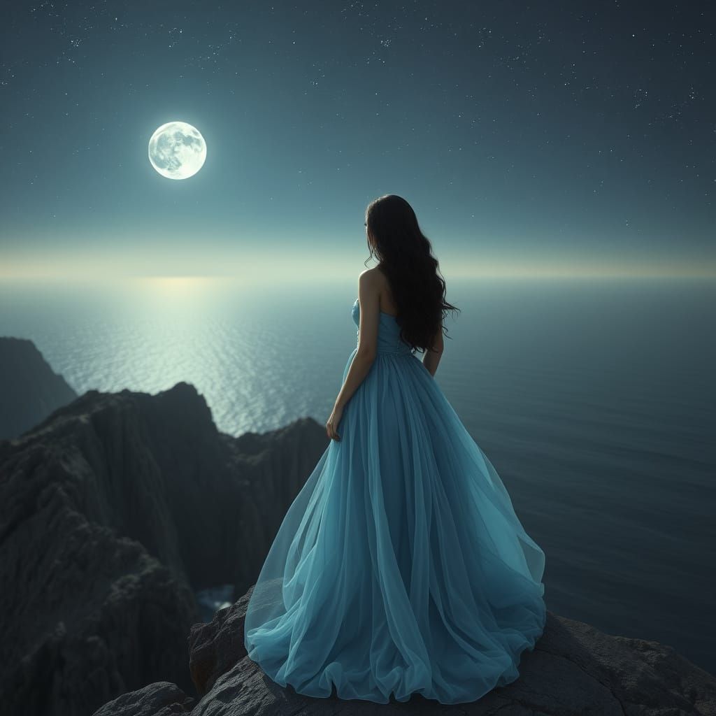 Ethereal Woman on Cliff Under Starry Night