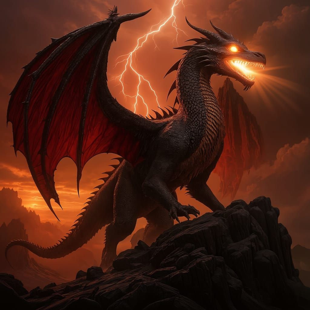 Colossal Elder Dragon on Mountains, Epic Fantasy Illustratio...