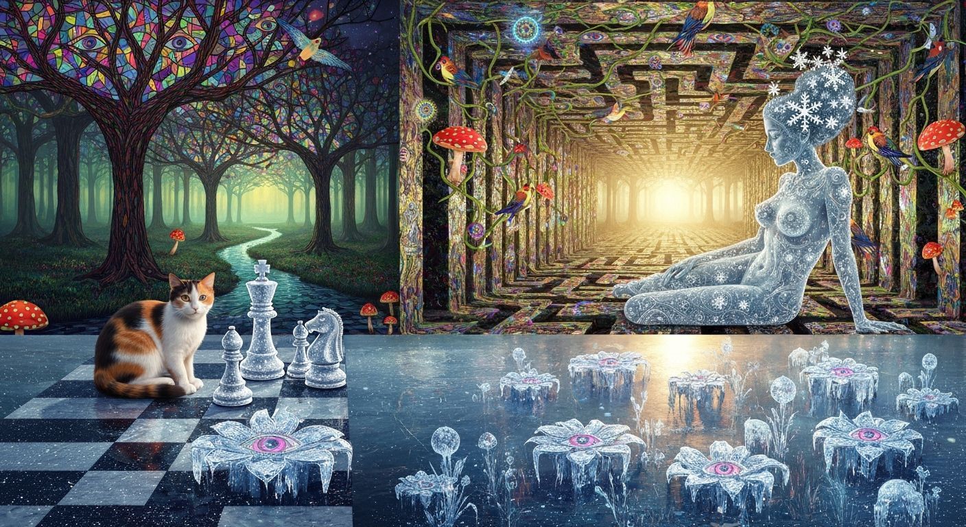 Surreal Chessboard Forest with Astral Sky and Cat