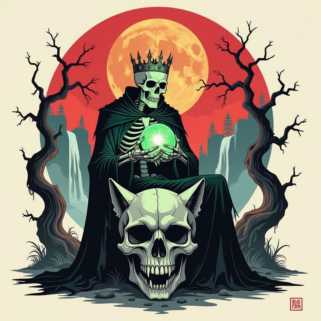 Skeletal King on Wolf Skull Holding Glowing Orb