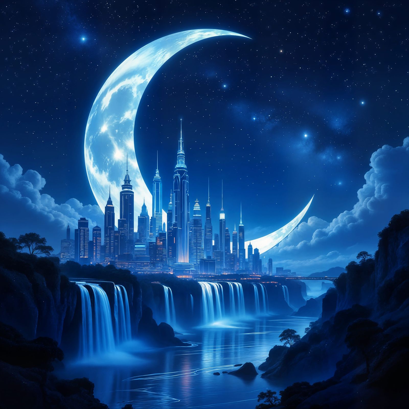 Futuristic City on Crescent Moon with Waterfalls