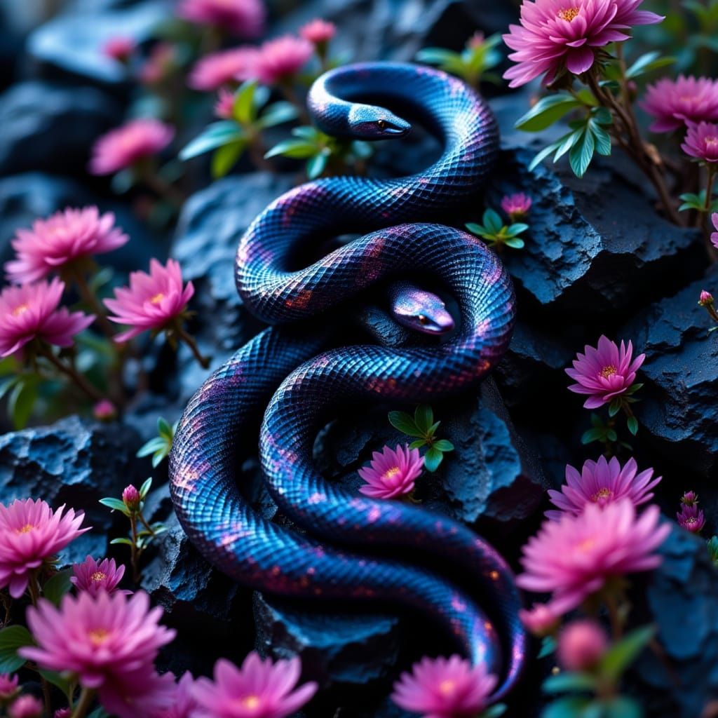 Indigo Snake Among Pink Flowers