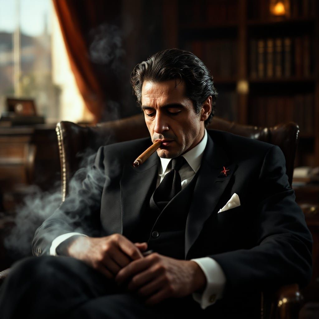 The Godfather's Intense Reflection in a Smoke-Filled Study
