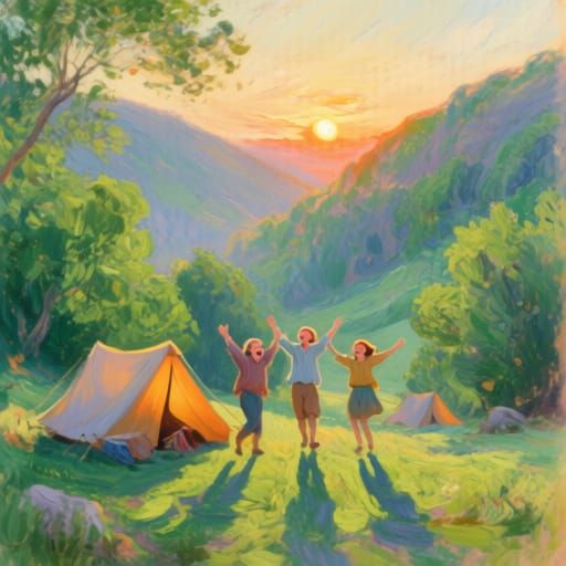 Joyful Campers in Serene Valley at Sunset