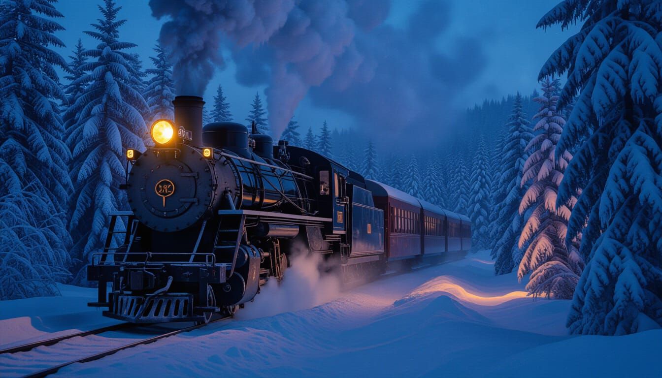 Vintage Steam Train in Snowy Forest Twilight